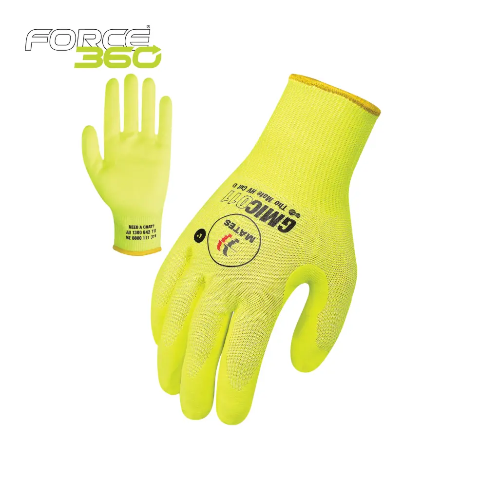 GMIC011 MATES 18 gauge Cut D Glove with Hivis Yellow Liner Micro fine foam palm dip 