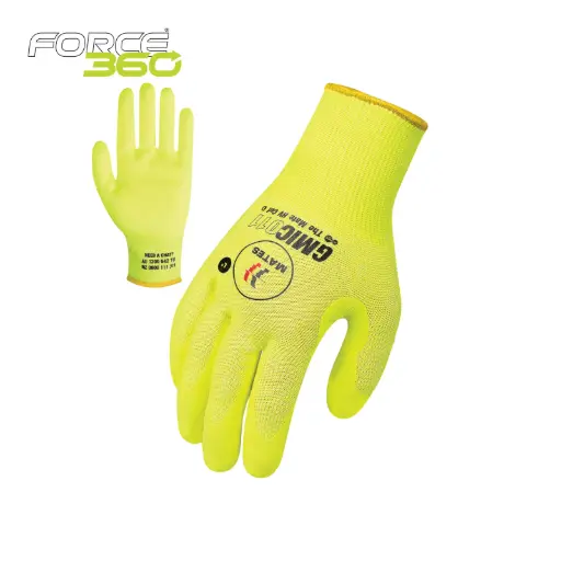 GMIC011 MATES 18 gauge Cut D Glove with Hivis Yellow Liner Micro fine foam palm dip 